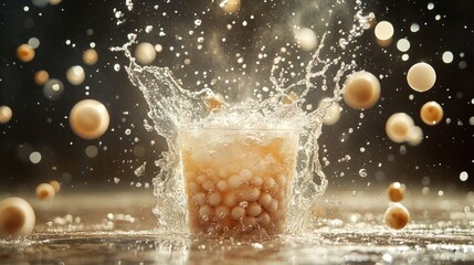 Poster - A dynamic shot of bubble tea being poured into a clear cup, with bubbles and ice swirling, creating a sense of freshness and excitement.