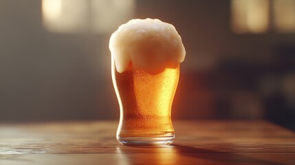 Poster - A frosty pint glass filled with golden beer, topped with a thick, creamy head, sitting on a wooden table with soft natural light highlighting the glass.