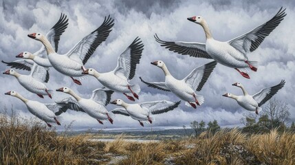 Aufkleber - A group of migrating geese flying in a perfect V formation against a dramatic cloudy sky, capturing the beauty of their journey in the wild.