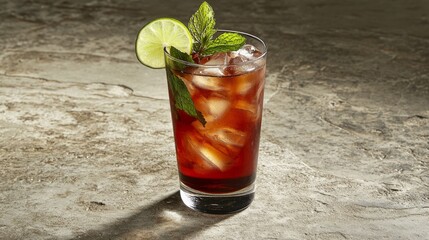 Poster - A highball glass filled with soda, garnished with fresh mint leaves and lime slices, resting on a textured stone surface with soft lighting.