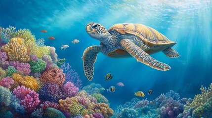 Poster - A majestic sea turtle gliding gracefully through crystal-clear turquoise waters, surrounded by colorful coral reefs and schools of fish, showcasing underwater beauty.