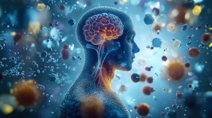 Poster - A medical visualization of the human immune system, featuring lymph nodes, white blood cells, and antibodies circulating in the body.
