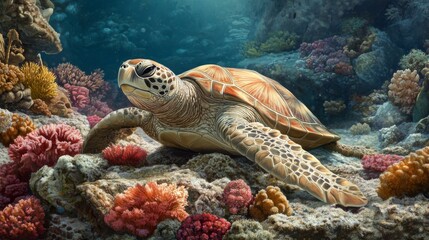 Poster - A peaceful image of a sea turtle resting on a rocky seabed, with soft corals and colorful sponges surrounding it, showcasing the beauty of marine habitats.