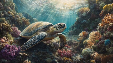 Poster - A peaceful image of a sea turtle resting on a rocky seabed, with soft corals and colorful sponges surrounding it, showcasing the beauty of marine habitats.