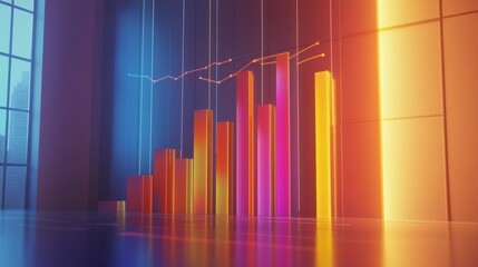 Poster - a professional d bar chart in soft gradient tones, with bars rising upwards and data lines overlaid,