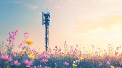 Poster - A serene image of a cell phone tower standing tall among a field of wildflowers, illustrating the harmony between technology and nature in rural settings.
