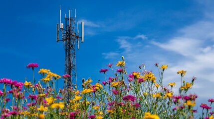 Poster - A serene image of a cell phone tower standing tall among a field of wildflowers, illustrating the harmony between technology and nature in rural settings.