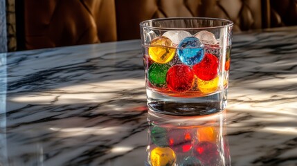Poster - A vibrant glass of soda with colorful bubbles and ice cubes, positioned on a marble countertop, with a subtle reflection for a modern feel.