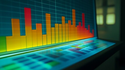 Poster - Close-up of a colorful business graph with bars and lines, displaying financial growth and market trends, with soft lighting highlighting the data.