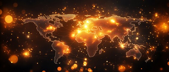 Poster - An intricate 3D visualization of a world map with illuminated lights and digital connections, symbolizing global networking on a dark background