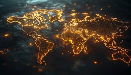 Poster - An intricate 3D visualization of a world map with illuminated lights and digital connections, symbolizing global networking on a dark background