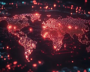 Poster - An intricate 3D visualization of a world map with illuminated lights and digital connections, symbolizing global networking on a dark background