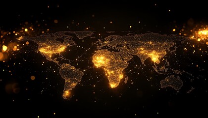 Poster - An intricate 3D visualization of a world map with illuminated lights and digital connections, symbolizing global networking on a dark background