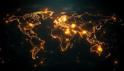 Poster - An intricate 3D visualization of a world map with illuminated lights and digital connections, symbolizing global networking on a dark background