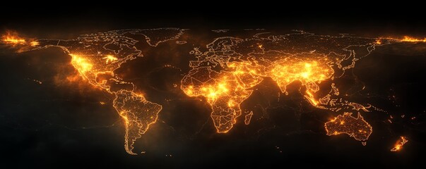 Poster - An intricate 3D visualization of a world map with illuminated lights and digital connections, symbolizing global networking on a dark background