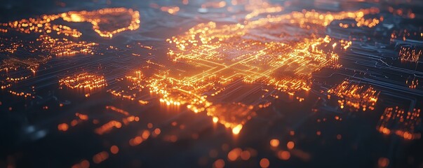 Poster - An intricate 3D visualization of a world map with illuminated lights and digital connections, symbolizing global networking on a dark background