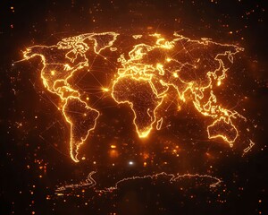 Poster - A creative 3D illustration of a glowing digital world map contour, with connected lines and nodes symbolizing big data and internet technologies on a dark background