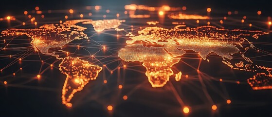 Poster - A creative 3D mockup of a digital world map with glowing points and illuminated connections, representing global networks and connections on a dark background