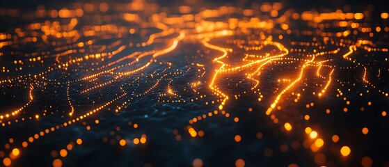Poster - A creative 3D mockup of a digital world map with glowing points and illuminated connections, representing global networks and connections on a dark background