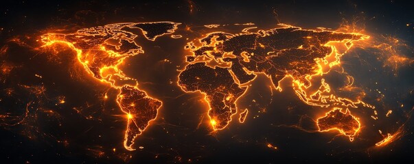Poster - A creative 3D mockup of a digital world map with glowing points and illuminated connections, representing global networks and connections on a dark background