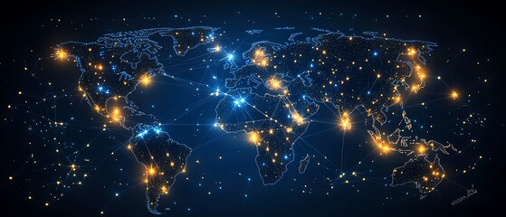 Poster - A creative 3D mockup of a digital world map with glowing points and illuminated connections, representing global networks and connections on a dark background