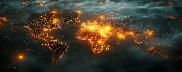 Poster - A creative 3D mockup of a digital world map with glowing points and illuminated connections, representing global networks and connections on a dark background