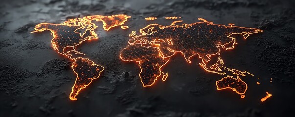 Poster - A creative 3D mockup of a digital world map with glowing points and illuminated connections, representing global networks and connections on a dark background