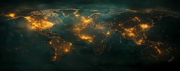 Poster - A creative 3D mockup of a digital world map with glowing points and illuminated connections, representing global networks and connections on a dark background