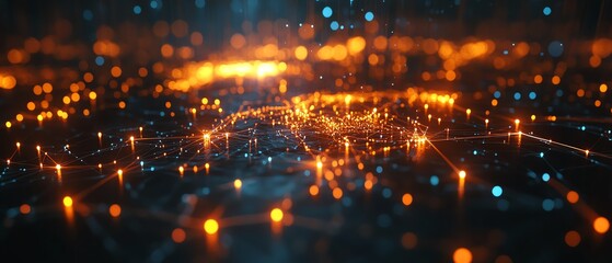 Poster - A creative 3D mockup of a digital world map with glowing points and illuminated connections, representing global networks and connections on a dark background