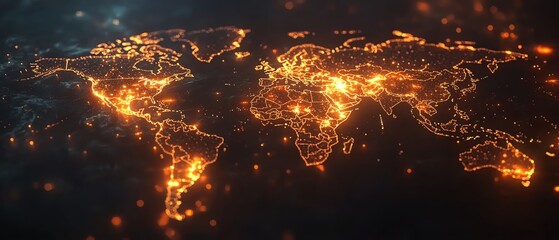 Poster - A digital 3D visualization of a glowing world map outline, highlighting big data and internet technologies, with light trails and nodes on a deep, dark backdrop