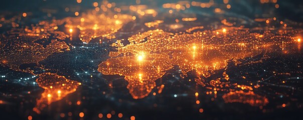 Poster - A dynamic 3D rendering of a digital world map with illuminated lights, symbolizing global connection and network concept on a dark background