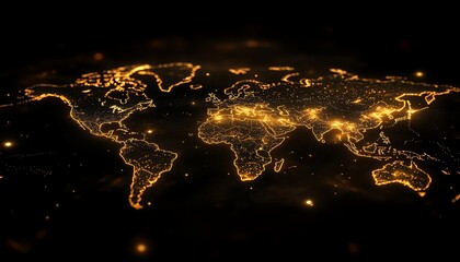 Poster - A dynamic 3D rendering of a digital world map with illuminated lights, symbolizing global connection and network concept on a dark background