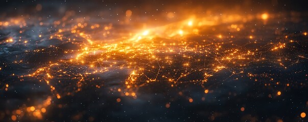 Poster - a dynamic 3d visualization of a glowing world map outline, representing big data and internet techno