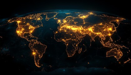 Poster - A dynamic 3D rendering of a digital world map with illuminated lights, symbolizing global connection and network concept on a dark background