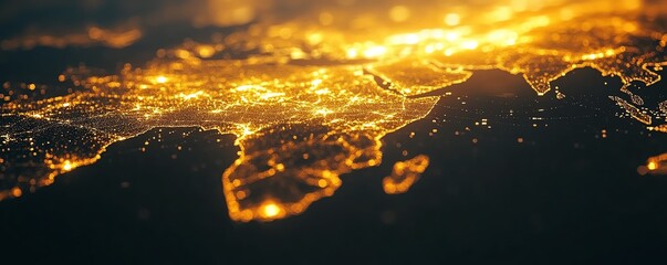 Poster - A dynamic 3D rendering of a digital world map with illuminated lights, symbolizing global connection and network concept on a dark background