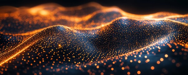 Poster - a dynamic 3d visualization of a glowing world map outline, representing big data and internet techno