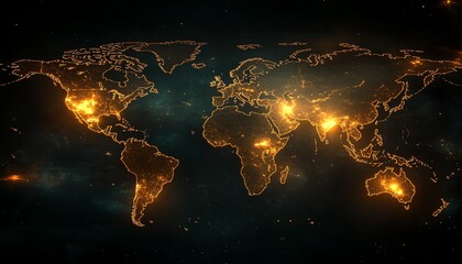 Poster - A dynamic 3D rendering of a digital world map with illuminated lights, symbolizing global connection and network concept on a dark background
