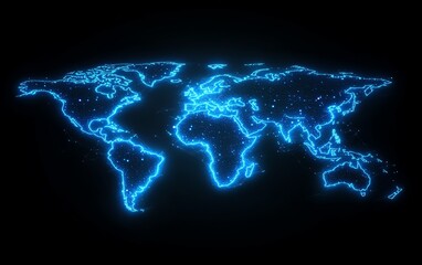 Poster - A futuristic 3D rendering of a glowing digital world map contour, symbolizing big data and internet technologies, set against a dark background