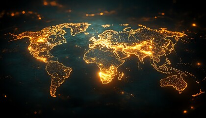 Poster - A futuristic 3D visualization of a digital world map with glowing connections and lights, representing global networking on a dark techinspired backdrop