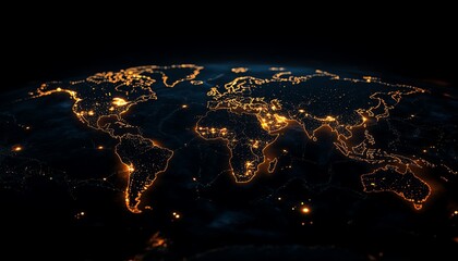Poster - A futuristic 3D visualization of a digital world map with glowing connections and lights, representing global networking on a dark techinspired backdrop