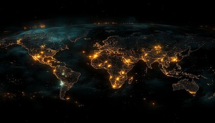 Poster - A futuristic 3D visualization of a digital world map with glowing connections and lights, representing global networking on a dark techinspired backdrop