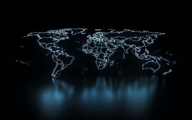 Poster - A futuristic 3D visualization of a digital world map with glowing connections and lights, representing global networking on a dark techinspired backdrop