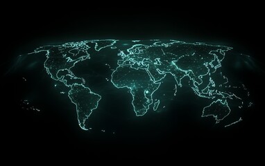 Poster - A futuristic 3D visualization of a digital world map with glowing connections and lights, representing global networking on a dark techinspired backdrop