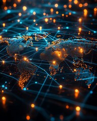 Poster - A futuristic 3D visualization of a digital world map with glowing connections and lights, representing global networking on a dark techinspired backdrop
