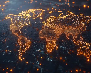 Poster - A futuristic 3D visualization of a digital world map with glowing connections and lights, representing global networking on a dark techinspired backdrop