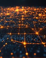 Poster - A futuristic 3D visualization of a digital world map with glowing connections and lights, representing global networking on a dark techinspired backdrop