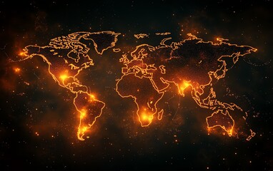 Poster - A futuristic 3D visualization of a digital world map with glowing connections and lights, representing global networking on a dark techinspired backdrop