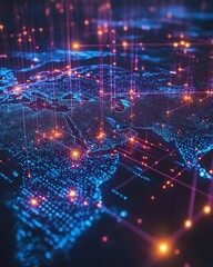 Poster - A futuristic 3D visualization of a digital world map with glowing connections and lights, representing global networking on a dark techinspired backdrop