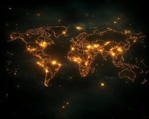 Poster - A futuristic 3D visualization of a digital world map with glowing connections and lights, representing global networking on a dark techinspired backdrop