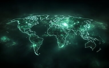 Poster - A futuristic 3D visualization of a digital world map with glowing connections and lights, representing global networking on a dark techinspired backdrop